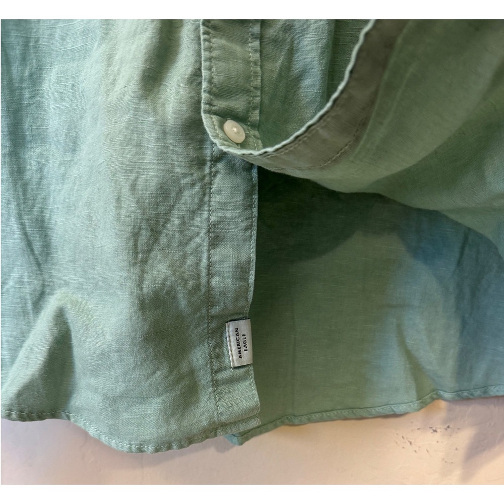 American Eagle Shirt Men XXL Green Mandarin Collar Button Down Linen Blend‎ NWOT - Picture 5 of 11